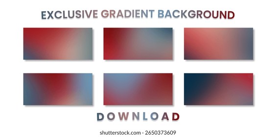 A six rectangular examples of smooth, blurred color gradients, primarily blending shades of deep red, muted blue, and slate grey.