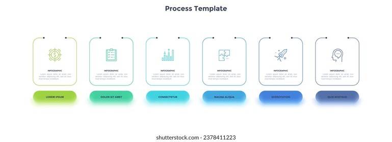 Six rectangular frames or cards with headings arranged in horizontal row. Concept of business model with 6 options to select. Minimal infographic design template. Modern flat vector illustration.