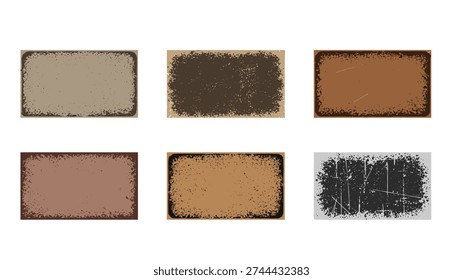 Six rectangular frames with heavily distressed and rusted metal textures in various muted colors are displayed on a white background.