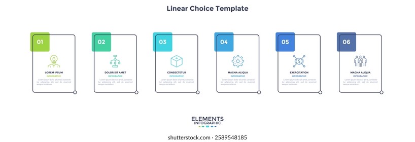 Six rectangular frames placed in horizontal row. Visualization of 6-stepped business process. Simple infographic design template. Flat vector illustration for presentation, report.