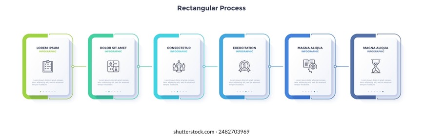 Six rectangular paper white elements placed in horizontal row. Concept of 6 successive steps to business project success. Modern infographic design template. Simple flat vector illustration for banner