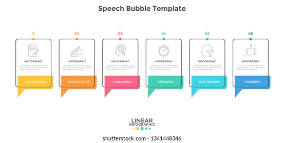 Six rectangular speech bubbles arranged in horizontal row. Concept of 6 business messages or quotes. Simple infographic design template. Flat vector illustration for presentation, banner, report.
