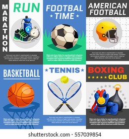 Six rectangular sport posters set with appropriate illustrations for different sports with description text vector illustration