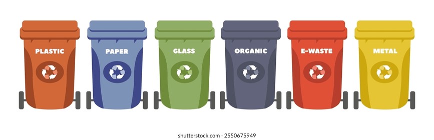 Six recycling bins in various colors are lined up, each labeled for a specific type of waste