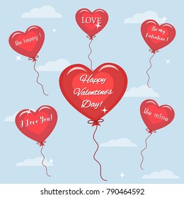 Six red balloon with the text of congratulations on Valentine's Day flies in the sky. Vector, flat style.