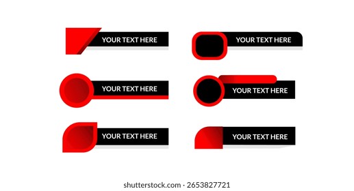 Seis cuadros de texto rojos y negros con diferentes Formas y diseños se muestran sobre un fondo blanco.