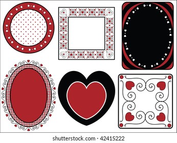Six red, black and white vector Valentine borders, frames or tags with gingham trim.