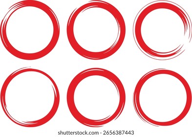 Six red brush stroke circles on a white background