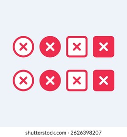 Seis Botones rojos con una x blanca sobre un fondo gris claro.