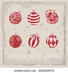 Six red christmas balls on a vintage background. Happy new year. Vector illustration.