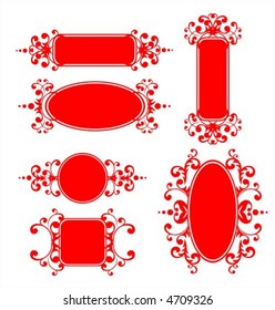 Six red decorative frames with a vegetative ornament.