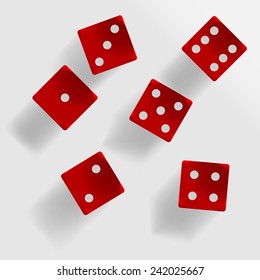 Six red dice with shadow on grey background illustration