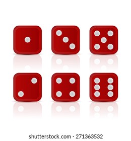 Six red dices for games with all the numbers. Vector EPS10 illustration. 