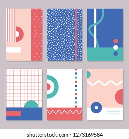 Six red, green and blue Memphis style geometric designs, with decorative abstract patterns, circles, rectangles and zig zag lines, for postcards, abstract art posters, notebook or stationary covers