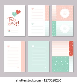 Six red, green and white male and female notebook stationary pages, with hearts, lines, photo frames, patterns and two of us hand written typography 