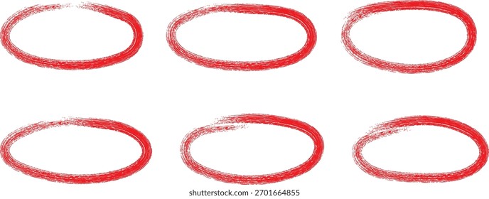 Six red hand drawn circles isolated on white background for design