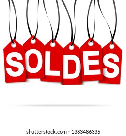 six red hang tags with sale (in french) and black ribbons