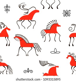 Six red horses seamless pattern. National scandinavian paintings. Folk handicrafts. Enchanting original ornaments. Simplicity. flat hackney, dobbin, mount, stallion, mare For prints decoration