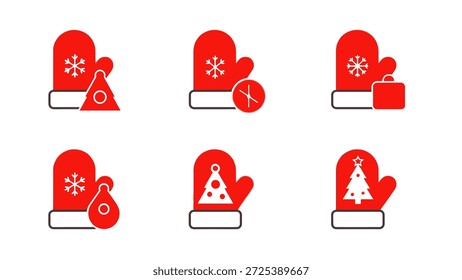Seis iconos de manopla roja con copo de nieve, árbol y otros gráficos relacionados con las fiestas se muestran sobre un fondo blanco. El estilo gráfico emplea líneas limpias y rellenos sólidos, lo que sugiere un diseño de Vector adecuado para diversas aplicaciones de diseño. Son adaptables para el diseño digital, proyectos temáticos de vacaciones y Materiales promocionales.