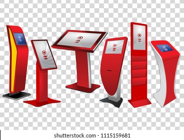 Six Red Promotional Interactive Information Kiosk, Advertising Display, Terminal Stand, Touch Screen Display isolated on transparent background. Mock Up Template.