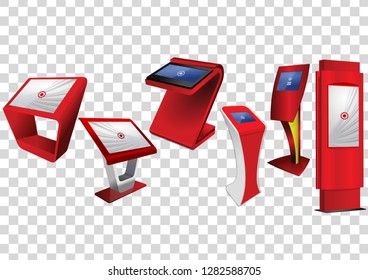 Six Red Promotional Interactive Information Kiosk, Advertising Display, Terminal Stand, Touch Screen Display isolated on transparent background. Mock Up Template.
