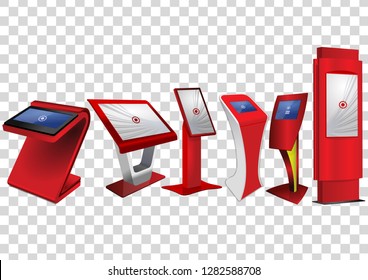 Six Red Promotional Interactive Information Kiosk, Advertising Display, Terminal Stand, Touch Screen Display isolated on transparent background. Mock Up Template.