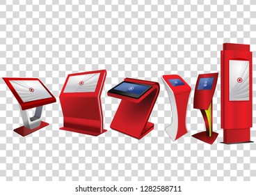 Six Red Promotional Interactive Information Kiosk, Advertising Display, Terminal Stand, Touch Screen Display isolated on transparent background. Mock Up Template.