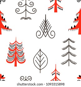 Six red trees seamless pattern. National scandinavian paintings. Folk handicrafts. Enchanting original ornaments. Simplicity. flat oak, ash, pine, spruce, birch, larch For prints poster wallpaper