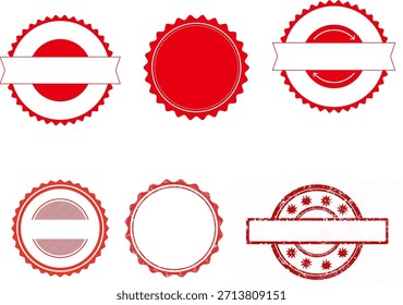 Seis diseños de etiquetas circulares rojas y blancas con variaciones de cintas, estrellas y patrones decorativos.