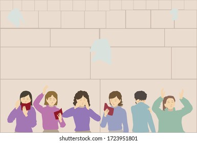 Six religious ultra - Orthodox Jewish women pray.
Some read from "prayer arrangement".
Flat vector drawing. In nice shades 
Against the backdrop of the Western  Wall in Jerusalem 