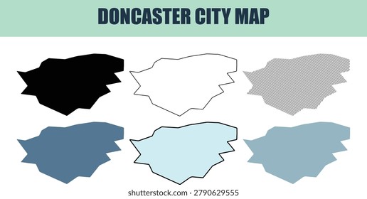 Six representations of Doncaster's urban silhouette: solid black outline patterned fill and three shades of blue. Ideal for business reports and planning.
