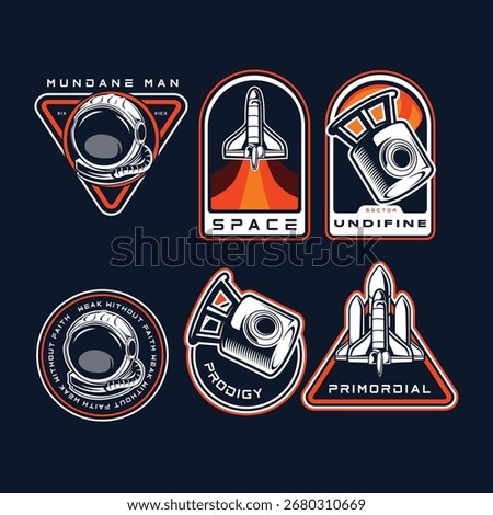 Six retro-style space-themed logos featuring astronauts, rockets, and space capsules, ideal for patches or merchandise.