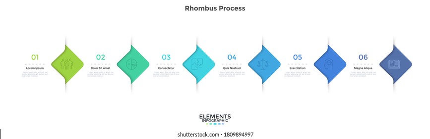 Six Rhombus Elements Placed In Horizontal Row. Concept Of 6 Successive Steps Of Business Development Progress. Modern Infographic Design Template. Simple Flat Vector Illustration For Presentation.