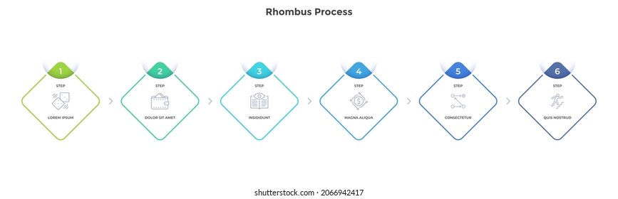 Six rhombus elements placed in horizontal row. Concept of 6 successive steps of startup project progress. Modern flat infographic design template. Simple vector illustration for business analysis.