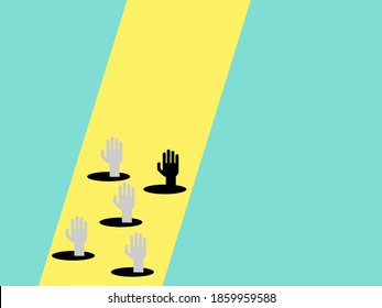 Die sechs rechten Hände erscheinen aus einem schwarzen Loch, platziert auf einem gelben Parallelogramm, hellbrauner Hintergrund,Konzept 6 Methode der Wahl.