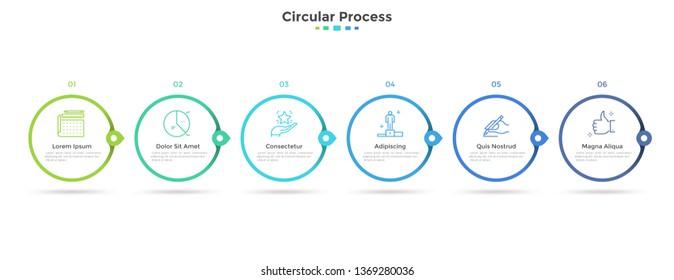 Six ring-like or round elements with arrows placed in horizontal row. Concept of 6-stepped strategic business plan. Minimal infographic design template. Modern vector illustration for presentation.