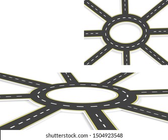 Six Roads, highway, roundabout, top view and perspective view with shadow. Two-lane roads with the same marking at an angle. Vector illustration