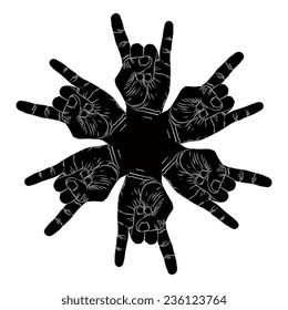 Six rock hands abstract symbol, black and white vector special emblem with human hands.