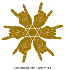 Six rock hands abstract symbol with hexagonal star, single color vector special emblem with human hands.