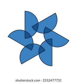 Six rolling semicircle shapes, blue icon. A radial arrangement of half-circle symbols. Isolated on a white background.