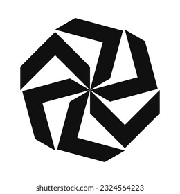 Six rotating chevrons, silhouette shape icon. A group of black v-shape symbols. Isolated on a white background.