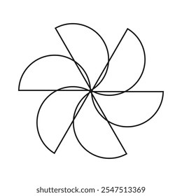 Seis semicírculos ocos giratórios, ícone de traçado. Um arranjo radial de símbolos de semicírculo. Isolado em um fundo branco.