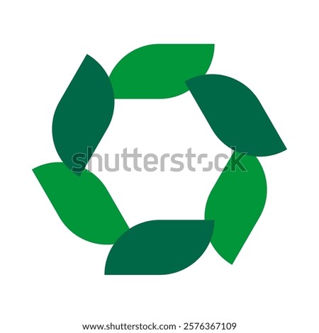 Six rotating rectangle leaves, green icon. A circular arrangement of leaf symbols. Isolated on a white background.