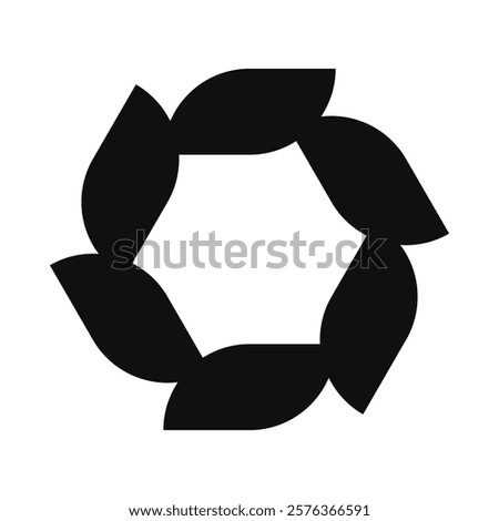 Six rotating rectangle leaves, silhouette icon. A circular arrangement of leaf symbols. Isolated on a white background.