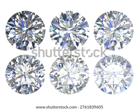 Six Round Brilliant Diamonds on Black – High-Detail Sparkling Gems Set, Set of six round brilliant diamonds isolated on black, high-resolution sparkle for luxury, jewelry, and fashion designs.