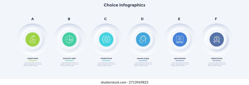 Seis Botones redondos colocados en fila Horizontal. Concepto de 6 etapas sucesivas del proceso de desarrollo de proyectos empresariales. Plantilla de diseño de infografía neumorfa. Ilustración vectorial moderna para el Anuncio.