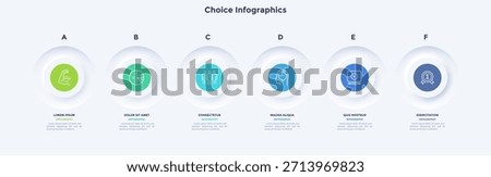 Six round buttons placed in horizontal row. Concept of 6 successive stages of business project development process. Neumorphic infographic design template. Modern vector illustration for banner.