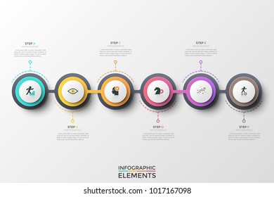 Six round elements or links with thin line symbols inside arranged into horizontal chain and connected. Concept of 6 steps of successive development. Infographic design template. Vector illustration.