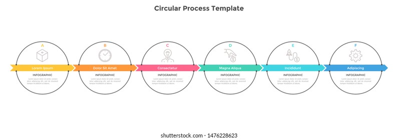 Six round elements placed in horizontal row and connected by arrows. Concept of 6 stages of business development. Simple infographic design template. Vector illustration for progress bar, banner.