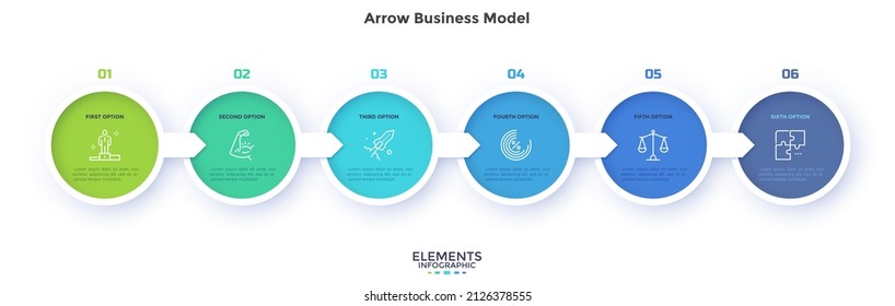 Six round elements placed in horizontal row and connected by arrows. Concept of 6 successive stages of business career development. Modern flat vector illustration for data analysis, presentation.